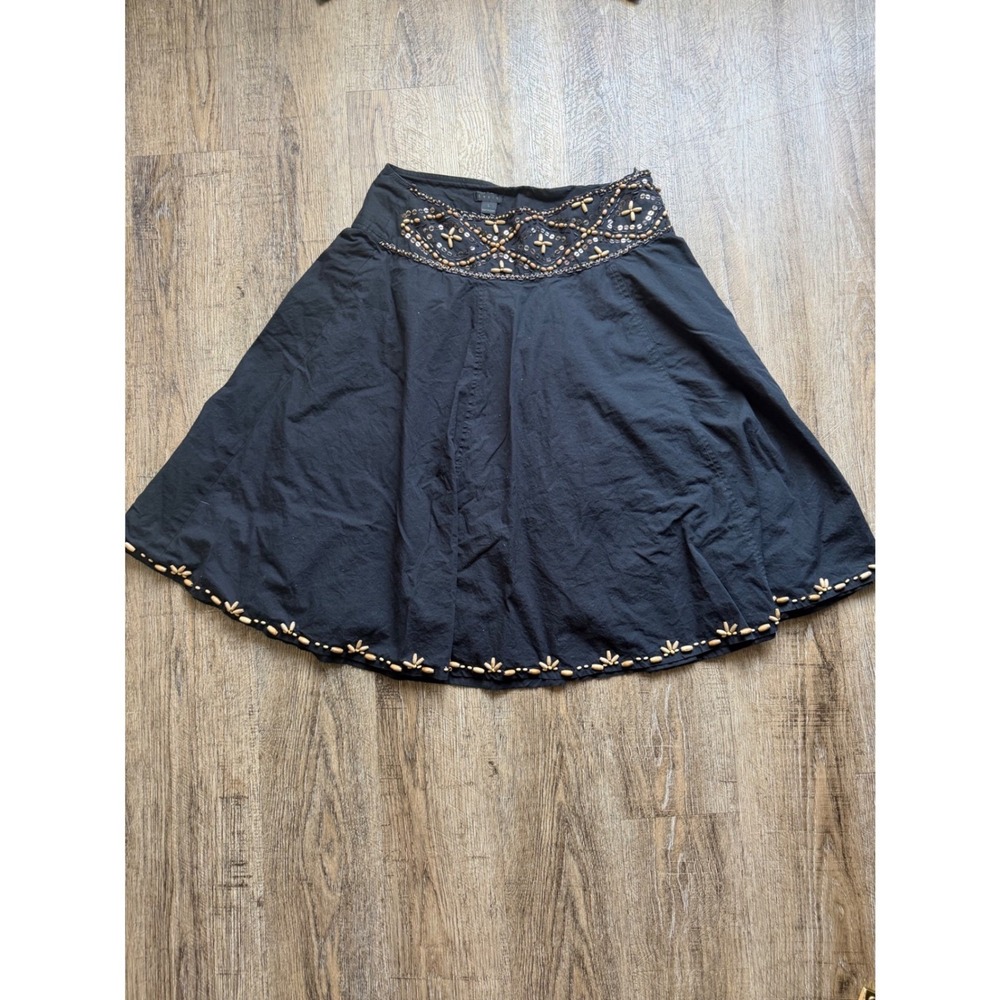 Lapis Black Cotton Beaded Sequin A-Line Skirt Boho Wood Bead Hem Size L 750 - Picture 2 of 9